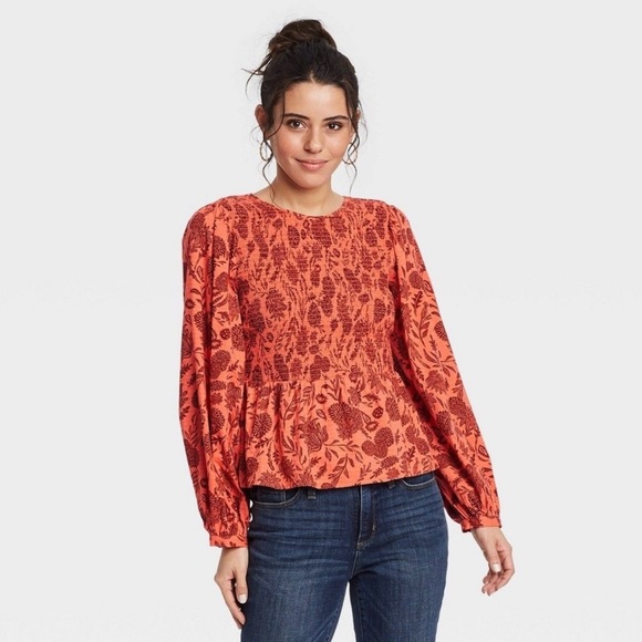 Universal Thread Tops - Universal Thread Orange L/S Pullover Blouse with Smocking & Floral Pattern